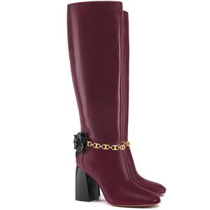 TORY BURCH BLOSSOM TALL BOOTS IN BORDEAUX